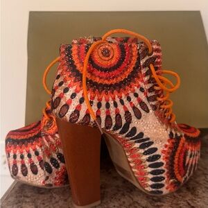 Women's Orange Multicolor Platform Lace-Up Heels